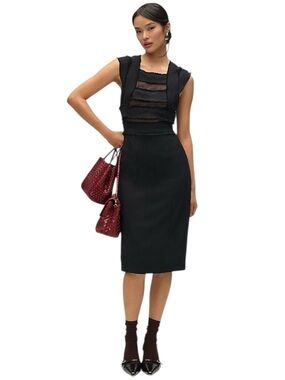 Anthropologie Bandage Mesh Midi Dress Black Cap Sleeve Slim Bodycon Sheath US 2